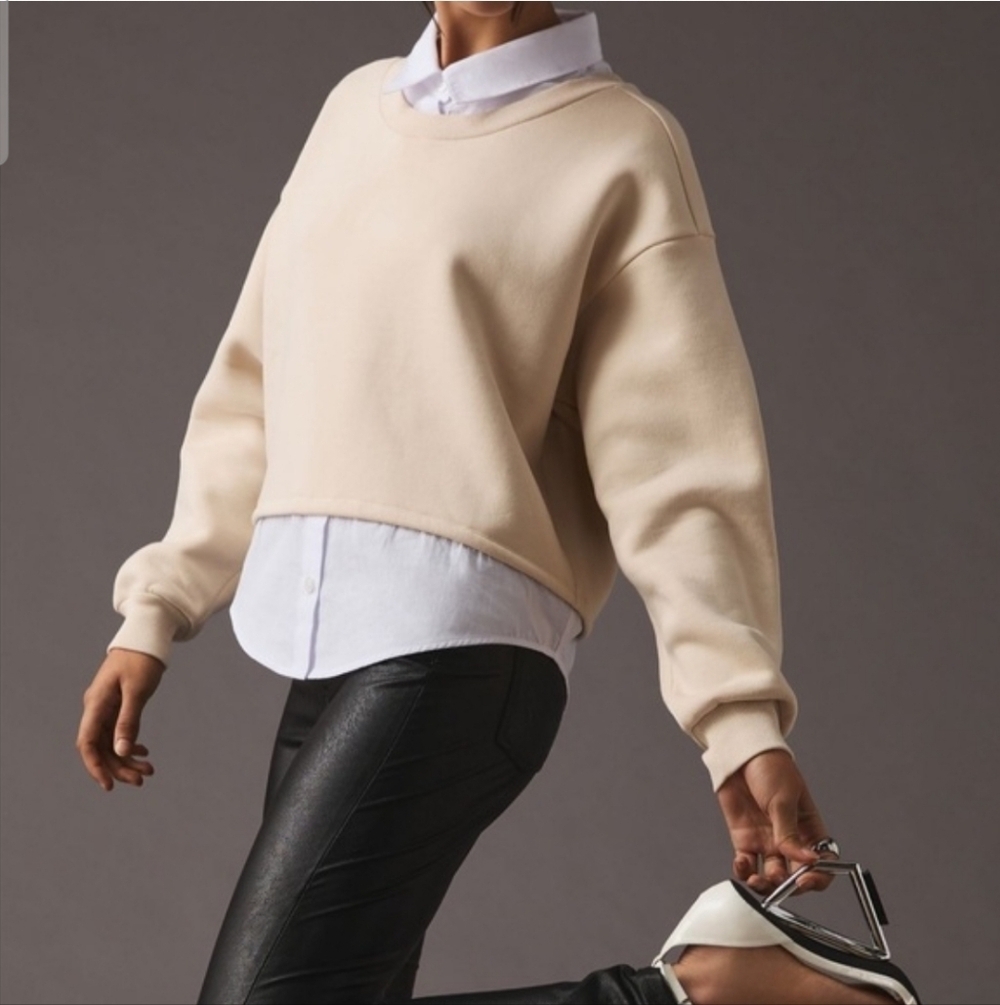 MAEVE by Anthropologie Layered Blouse-Effect Sweatshirt. Light Tan/white | Small